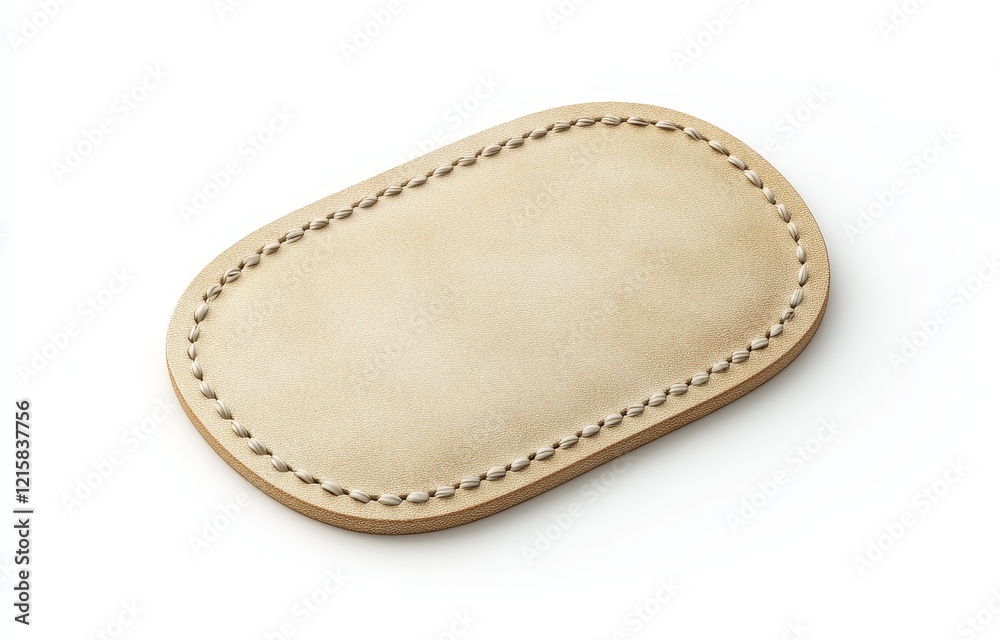 Oval beige leather patch with stitching, isolated on white background. Oval beige leather patch with stitching, isolated on white background.