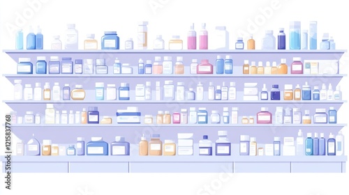 Well-stocked pharmacy shelves with various medicine bottles and containers.