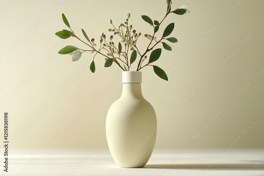 Elegant cream vase with green floral branches on beige background, minimalist home decor, studio shot Elegant cream vase with green floral branches on beige background, minimalist home decor, studio shot