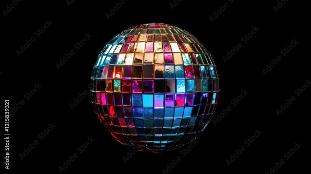 Obraz premium A vibrant disco ball with multicolored mirrored squares, isolated on a black background.