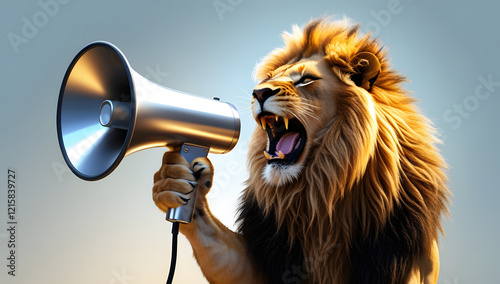 majestic lion roaring on a megaphone isolated marketing advertisement concept	 photo