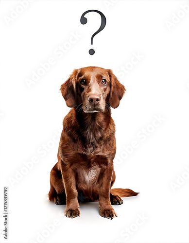 A small, brown and black dog sits on a white background; a hand-drawn question mark floats above its head. photo