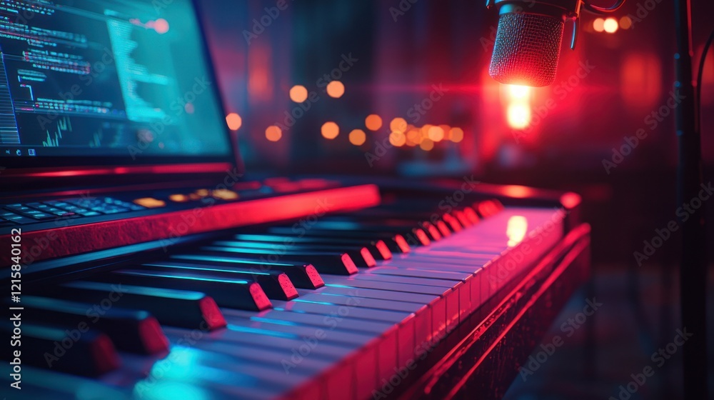 Piano, laptop, mic in dim studio, code on screen, blurred background Piano, laptop, mic in dim studio, code on screen, blurred background