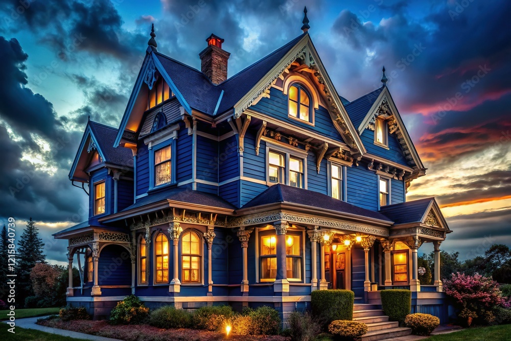 Fototapeta premium Midnight Blue Victorian House, Intricate Gingerbread Trim, Twilight Sky Stock Photo