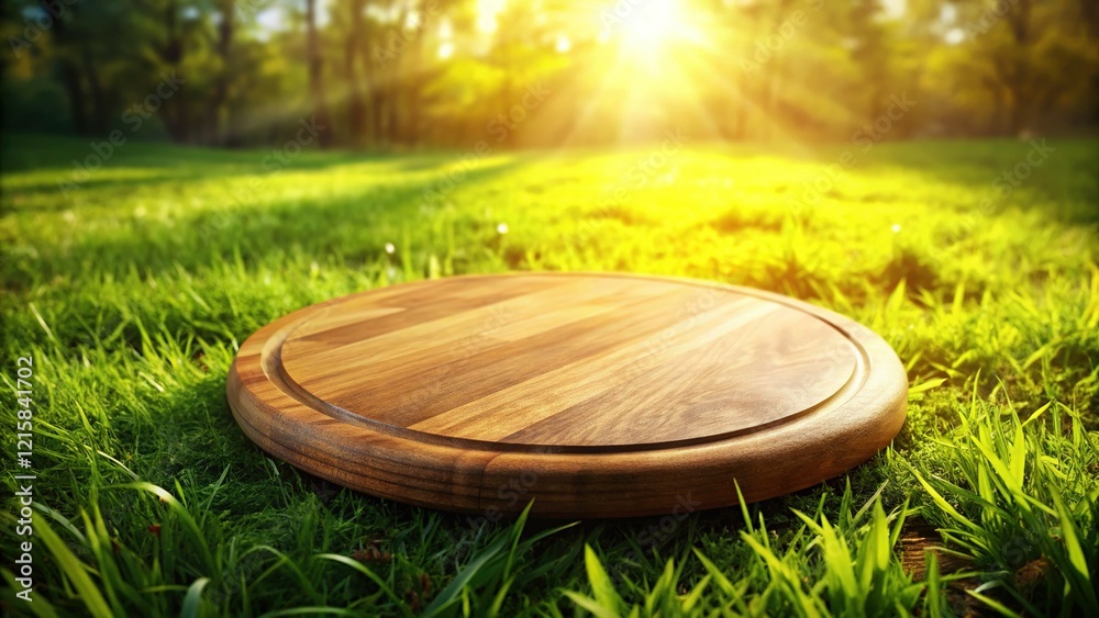 Obraz premium Rustic Round Wooden Cutting Board on Green Grass - Summer Picnic Stock Photo