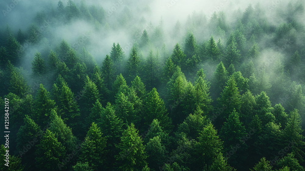 A serene aerial view of a tropical rainforest shrouded in fog sunlight streaming through the dense canopy vibrant greenery creating a sense of mystery calm minimalistic tone with blank space for capti A serene aerial view of a tropical rainforest shrouded in fog sunlight streaming through the dense canopy vibrant greenery creating a sense of mystery calm minimalistic tone with blank space for capti