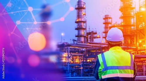 Industrial worker observing a refinery at dusk, with vibrant light and technology graphics photo