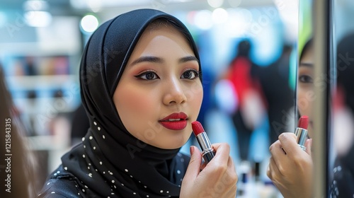 A Young Woman Applying Red Lipstick While Looking in a Mirror photo