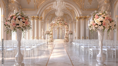 Elegant Wedding Venue with Floral Archway and Ornate Detailing, Soft Light and Pastel Color Palette