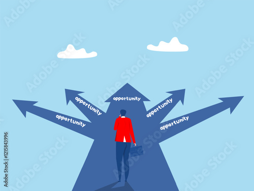 Many directions ,businessman looking Opportunity, chance or career possibility to make decision, life choice to grow business work accessibility, challenge or potential way to success