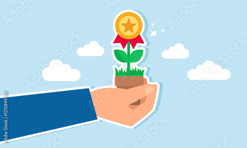 A hand holds a flowering plant with an award medal, illustration of giving appreciation and recognition for hard work
