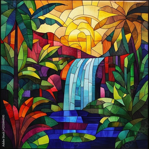 Vibrant stained glass landscape with waterfall and tropical setting sun