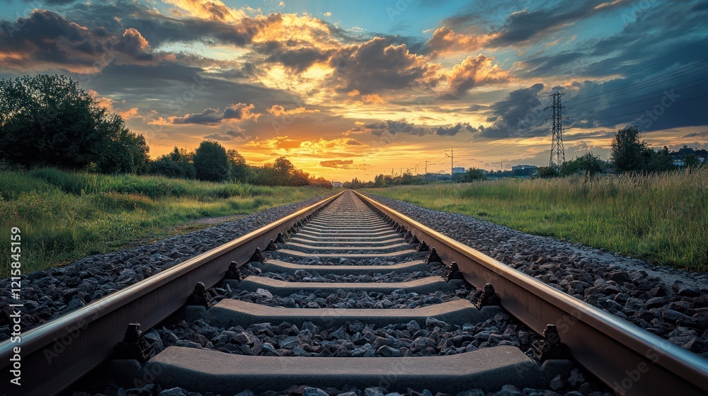 Fototapeta premium A railroad track stretching into the distance at sunset with a sky of dramatic clouds