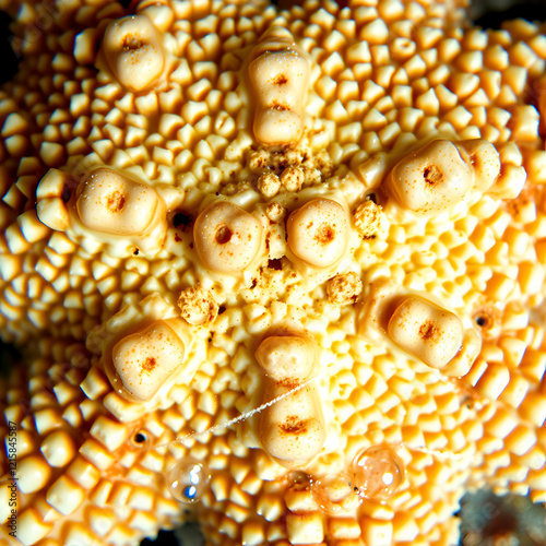 A tight shot of a starfish's calcified skin, dotted with bubbles of submerged water at its base photo