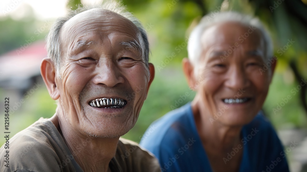 Smiling elderly men joyfully pose outdoors warm sunlight. AI Generated Smiling elderly men joyfully pose outdoors warm sunlight. AI Generated