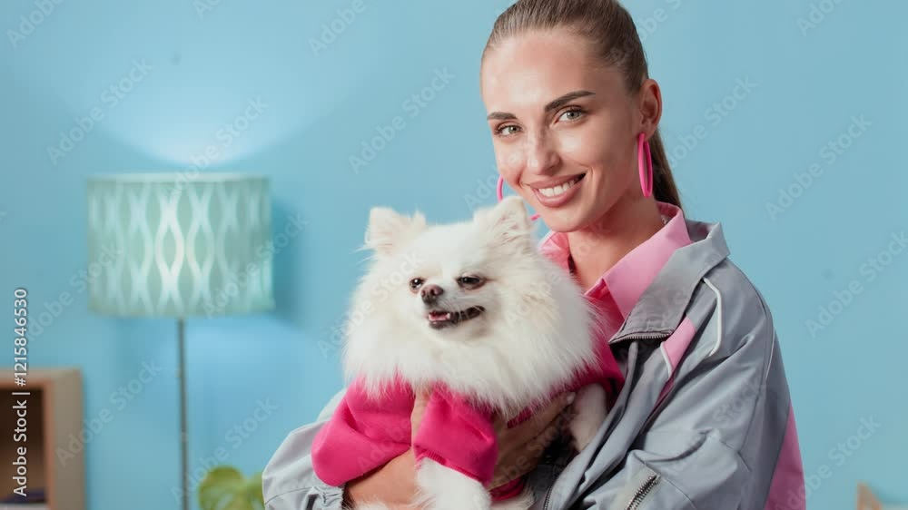 Medium portrait of young Caucasian woman and her white fluffy dog posing for camera while bonding at retro-furnished apartment, 90s aesthetics Medium portrait of young Caucasian woman and her white fluffy dog posing for camera while bonding at retro-furnished apartment, 90s aesthetics