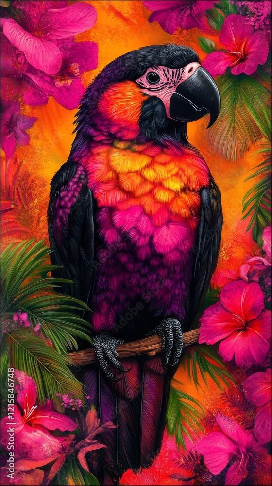 Fototapeta premium Vibrant Parrot Perched Amidst a Lush, Fuchsia Floral Paradise
