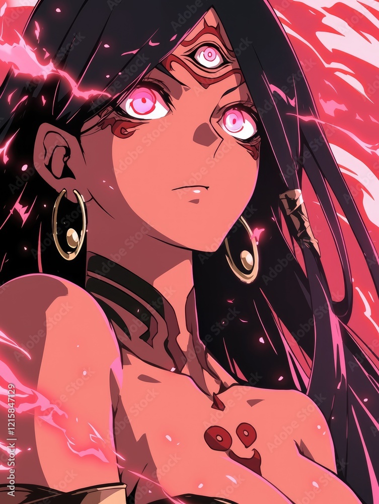 Naklejka premium Powerful Anime Woman With Third Eye And Pink Energy
