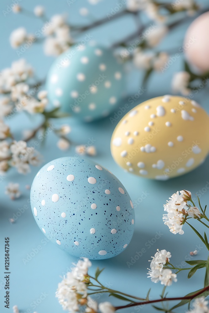 A photograph of Easter eggs with pastel colors and white flowers on a blue background, minimalistic, A photograph of Easter eggs with pastel colors and white flowers on a blue background, minimalistic,