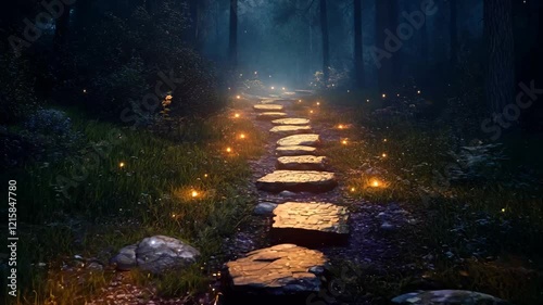 A magical forest trail lit by glowing stones and scattered fireflies, surrounded by dense vegetation under a mystical night sky. The serene atmosphere invites wonder and exploration