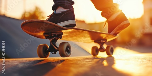 Close-up shot of a skateboarder's feet and a skateboard during golden hour with a blurred background