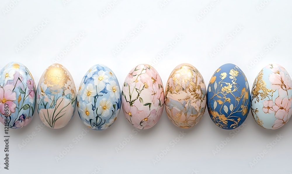 A set of five Easter eggs decorated with delicate floral patterns in soft pastel colors, arranged on the right side against a white background. A set of five Easter eggs decorated with delicate floral patterns in soft pastel colors, arranged on the right side against a white background.
