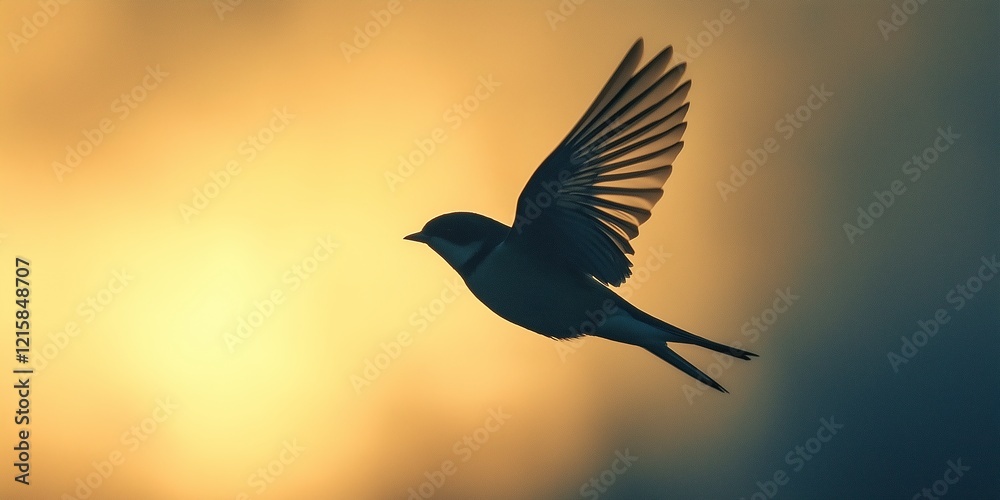 Bird soaring through the sky at sunset near a calm horizon