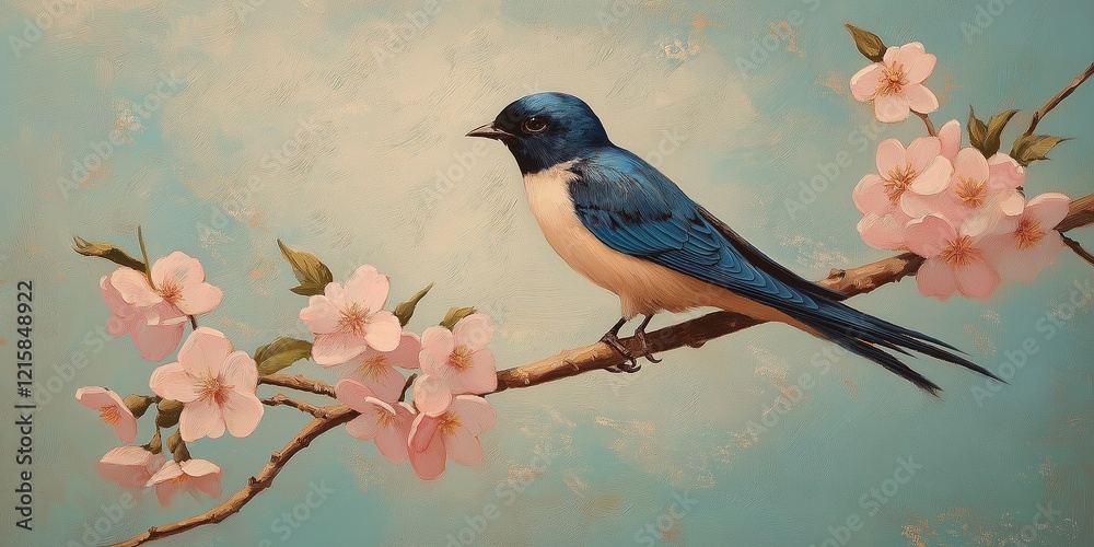 Fototapeta premium Vibrant blue bird perched on a branch alongside blooming pink flowers against a soft blue sky background