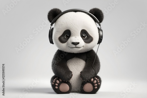 Cute panda cub wearing headphones, listening to music. photo