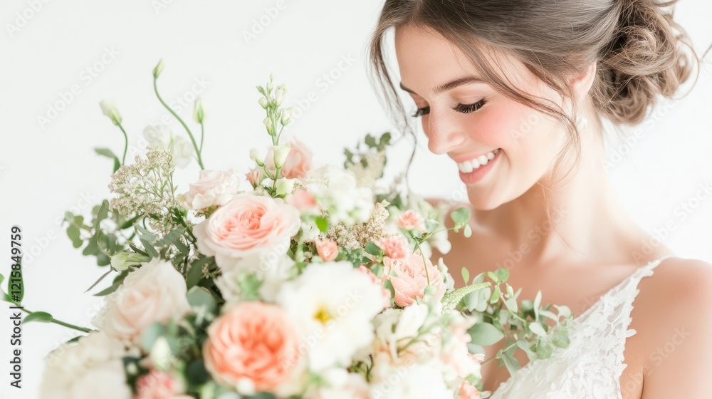 Smiling woman with peach roses bouquet on white background, bridal concept Smiling woman with peach roses bouquet on white background, bridal concept
