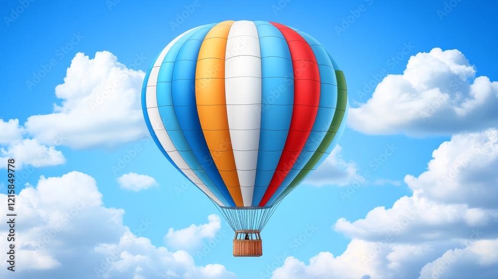 Fototapeta premium A vibrant hot air balloon ascends through a bright blue sky filled with fluffy white clouds