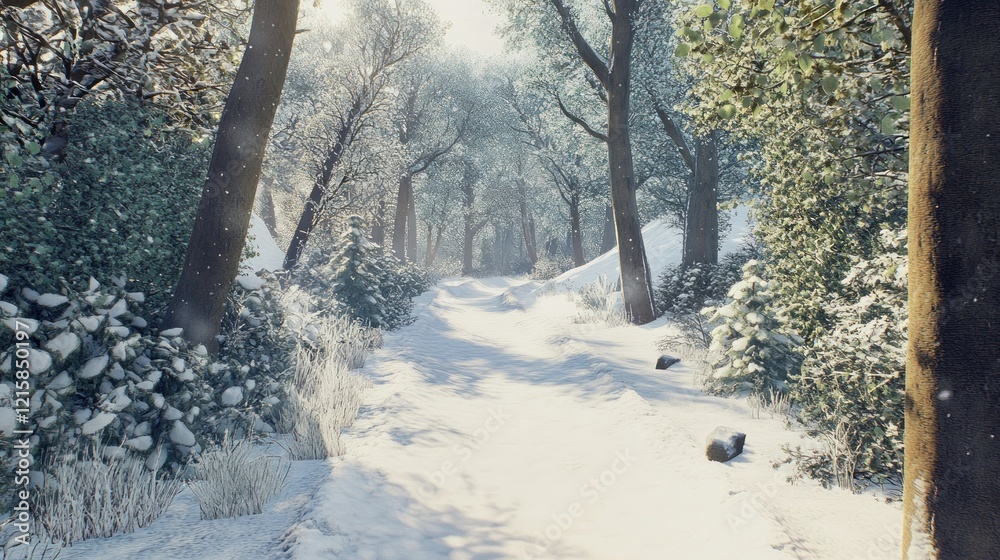A serene winter pathway through a snowy forest with sun shining through the trees A serene winter pathway through a snowy forest with sun shining through the trees