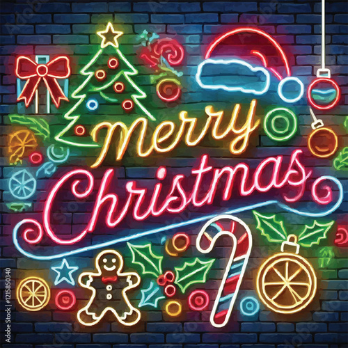 A vibrant Merry Christmas neon sign with festive elements like gingerbread cookies, candy canes, and gifts on a dark background, perfect for holiday celebrations and seasonal decorations.