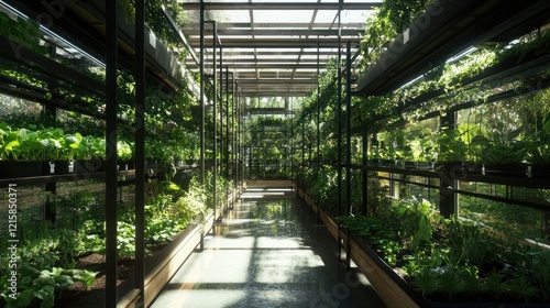 Sunlit Greenhouse Interior: A Verdant Oasis of Plants