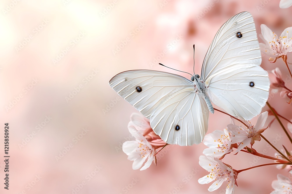 Naklejka premium Butterfly landing on floral blooms nature background serene environment close-up view