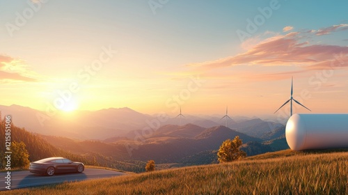 Wallpaper Mural Serene sunset over rolling hills with wind turbines and a solitary electric car, symbolizing the harmony of technology and nature's beauty. Torontodigital.ca