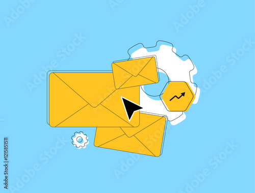 E-mail automation system with AI tools for scheduling, personalized campaigns and workflow optimization. Efficient email marketing, automated responses and customer engagement solutions illustration