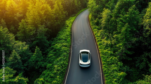 Top view of a white electric car driving dark green forest road