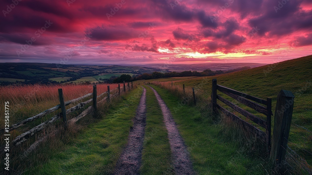 A dirt path leads through a grassy field under a stunning pink and purple sunset sky A dirt path leads through a grassy field under a stunning pink and purple sunset sky