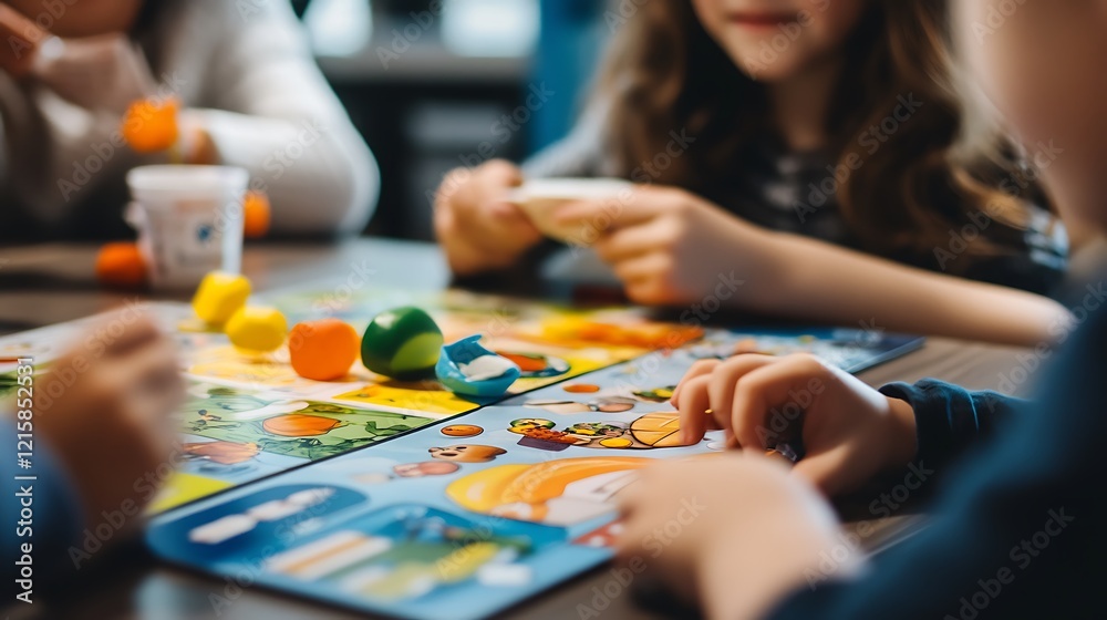 Fototapeta premium Children Playing a Board Game with Colorful Play Dough Pieces