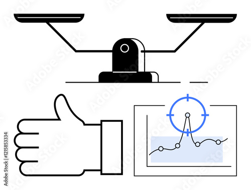 Balance scale above thumbs up and graph with target and trendline reflect fairness and decision accuracy. Ideal for business analytics, success, equality, judgment, feedback, goals, abstract line