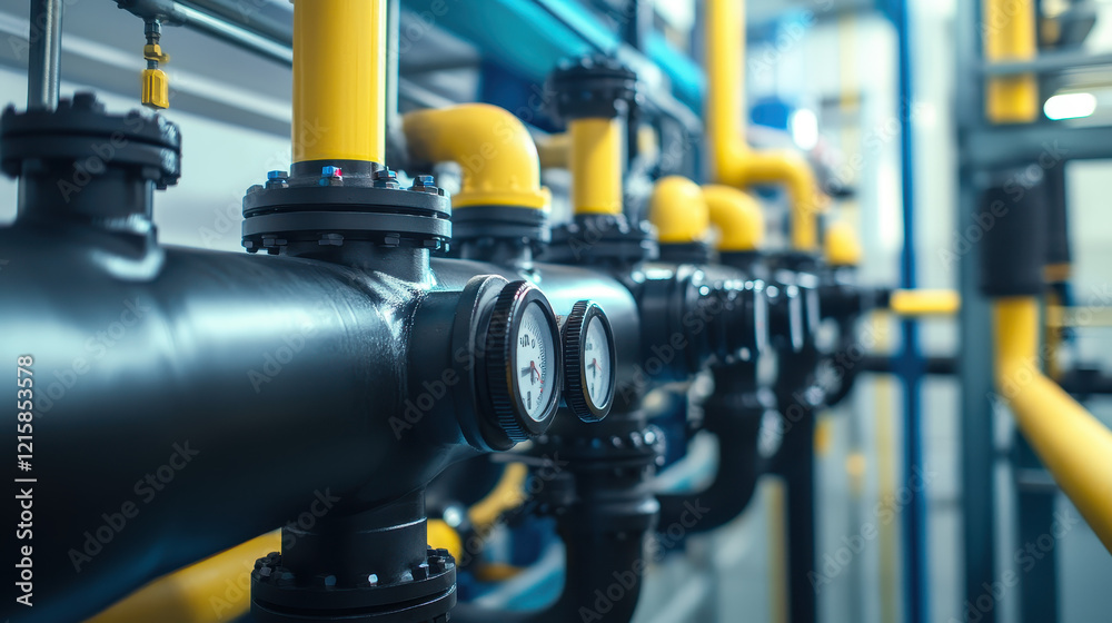 Fototapeta premium Close-up of an industrial water system with yellow and black pipes, black levers on a blue background in a factory