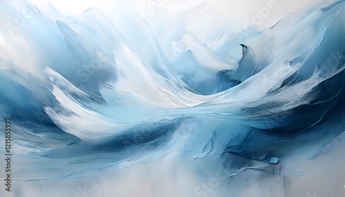 A painting of a wave with blue and white colors