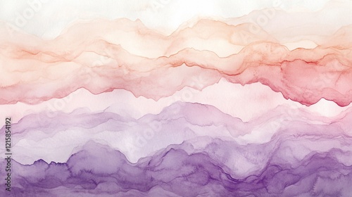 Abstract watercolor landscape with pink, purple, and orange color gradients.