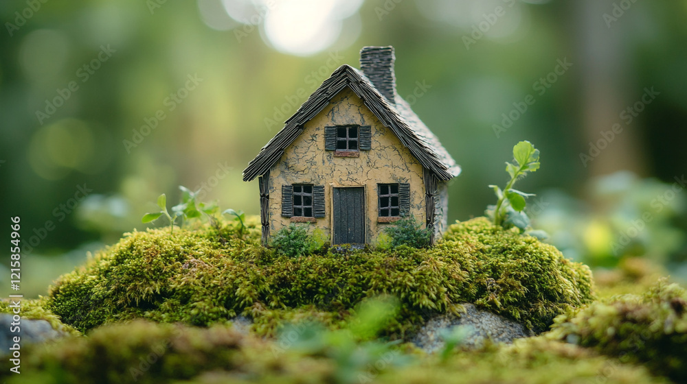 Miniature house surrounded by moss in a forest setting during daylight Miniature house surrounded by moss in a forest setting during daylight