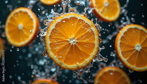 A close up of an orange slice falling into the water.
