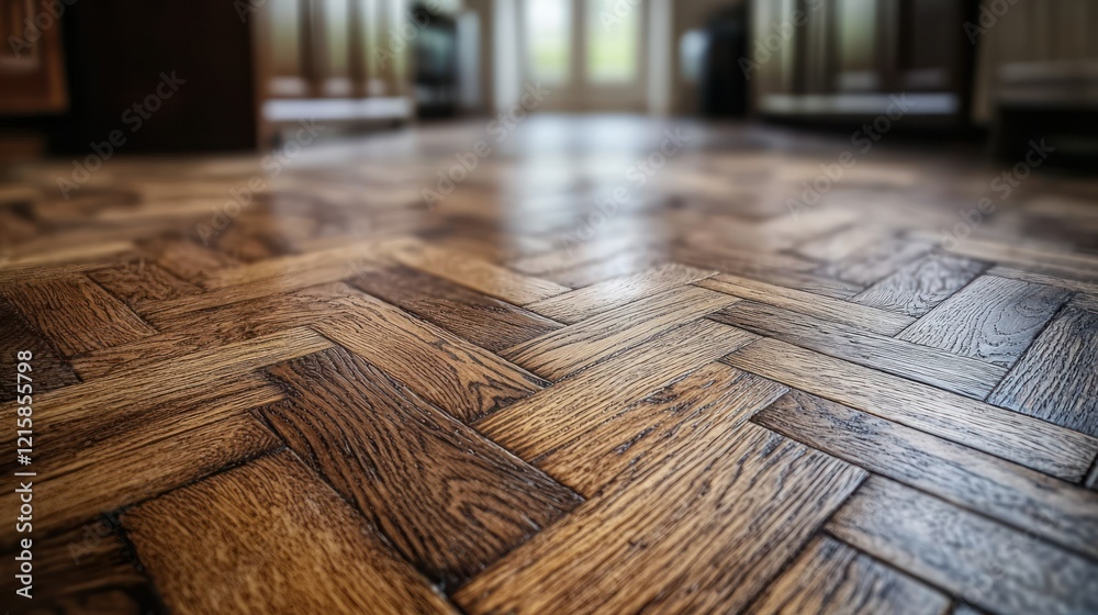 Polished parquet floor in home interior, blurred kitchen background, real estate listing Polished parquet floor in home interior, blurred kitchen background, real estate listing