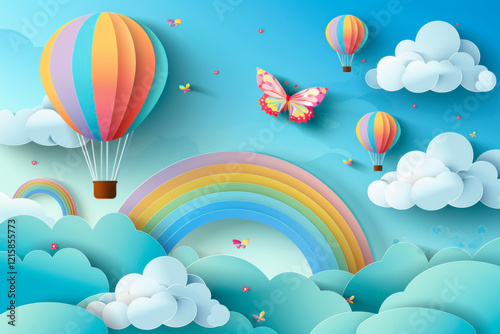 Beautiful fluffy clouds on blue sky background with summer sun