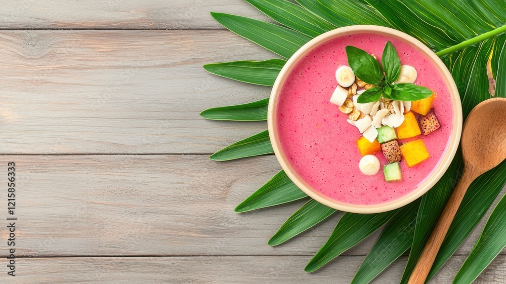 Fototapeta premium A vibrant bowl of colorful smoothie topped with tropical fruits and nuts, garnished with mint leaves on a wooden surface with green leaves.