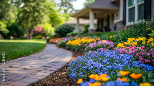Fototapeta Naklejka Na Ścianę i Meble -  Colorful flower beds enhance the beauty of a well-kept front yard on a sunny day